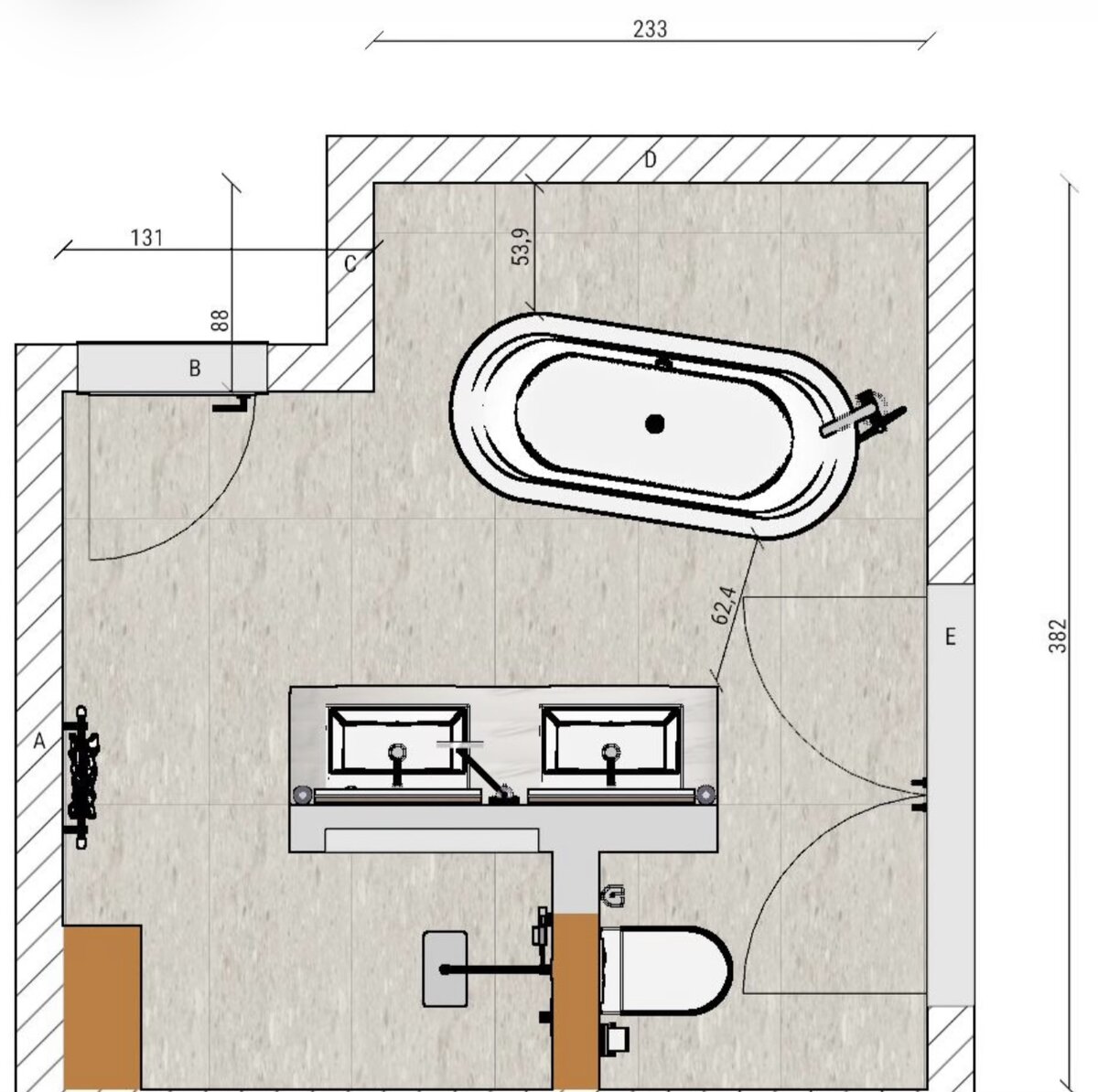 Bemaßter 2D-Grundriss derselben Badplanung mit freistehender Badewanne