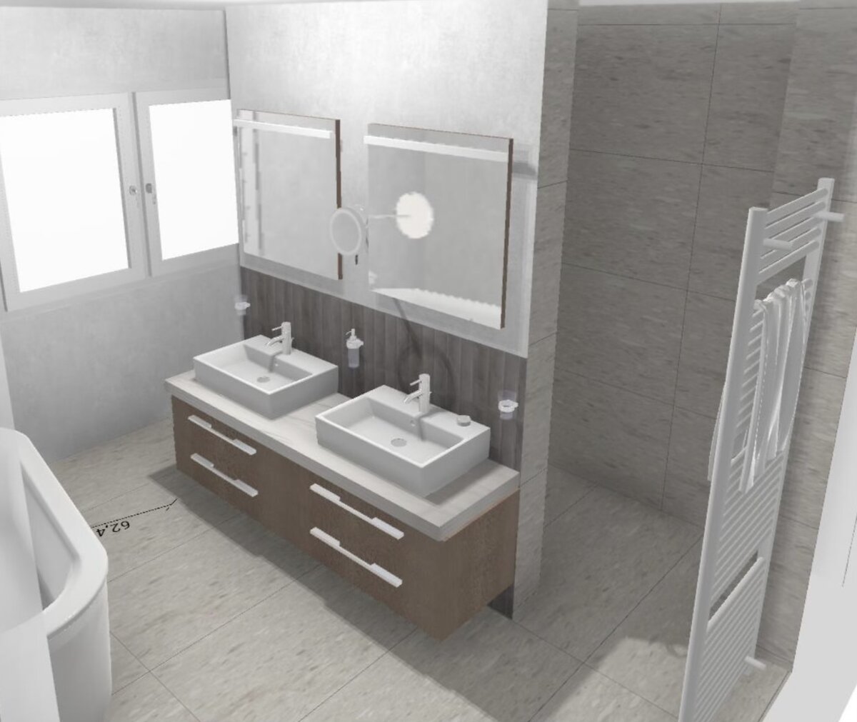 Fotorealistische 3D-Badplanung aus unserer Planungssoftware – Doppelwaschtisch und Walk-in-Dusche